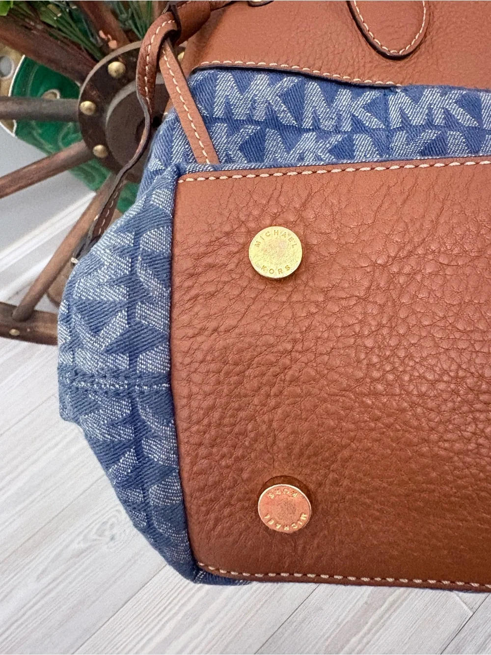 MICHAEL KORS Vintage MK Logo Denim Tote with Brown Leather Trim & Gold Charm